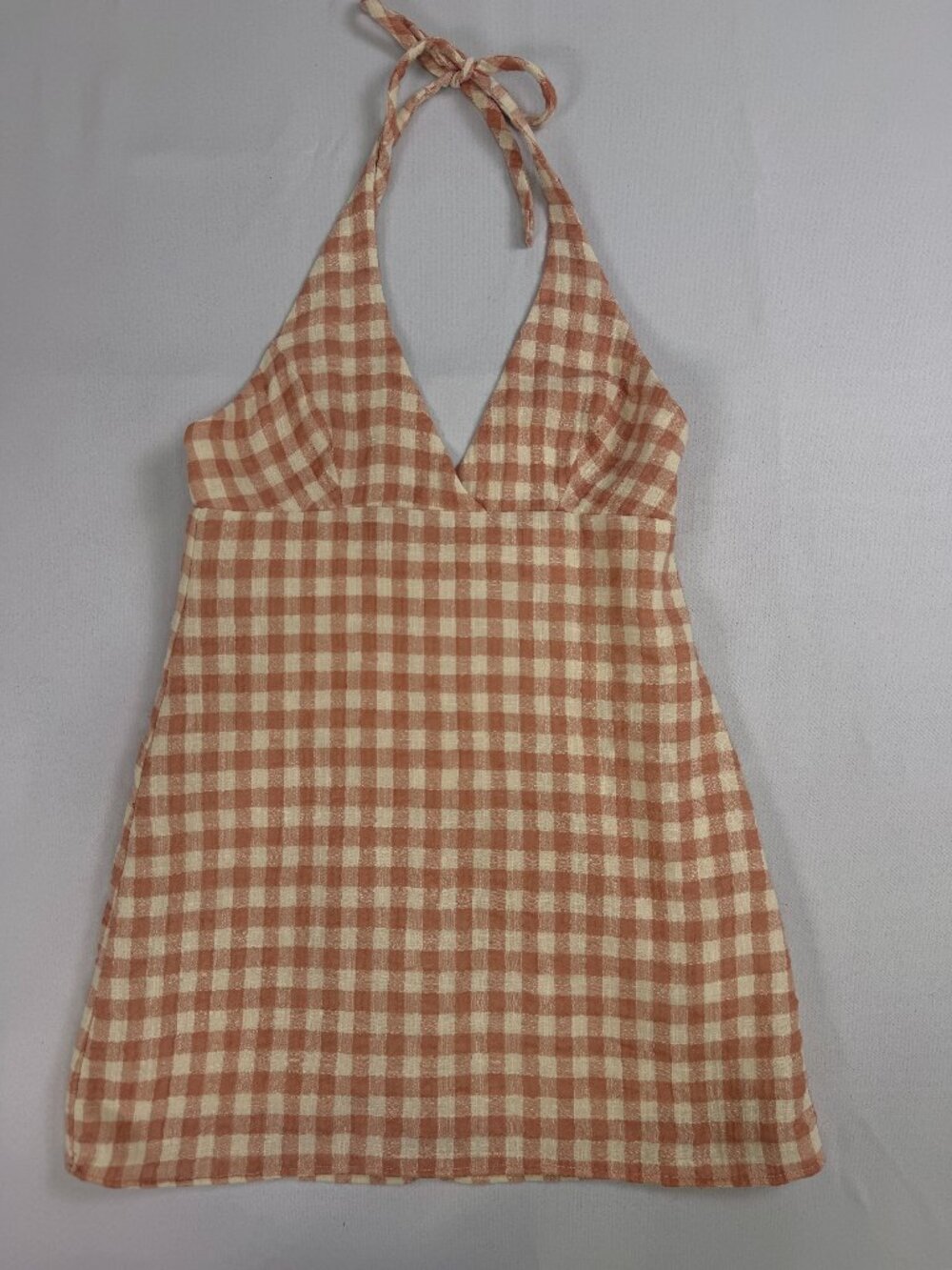 Rust Brown Gingham Halter Mini Dress Cottagecore